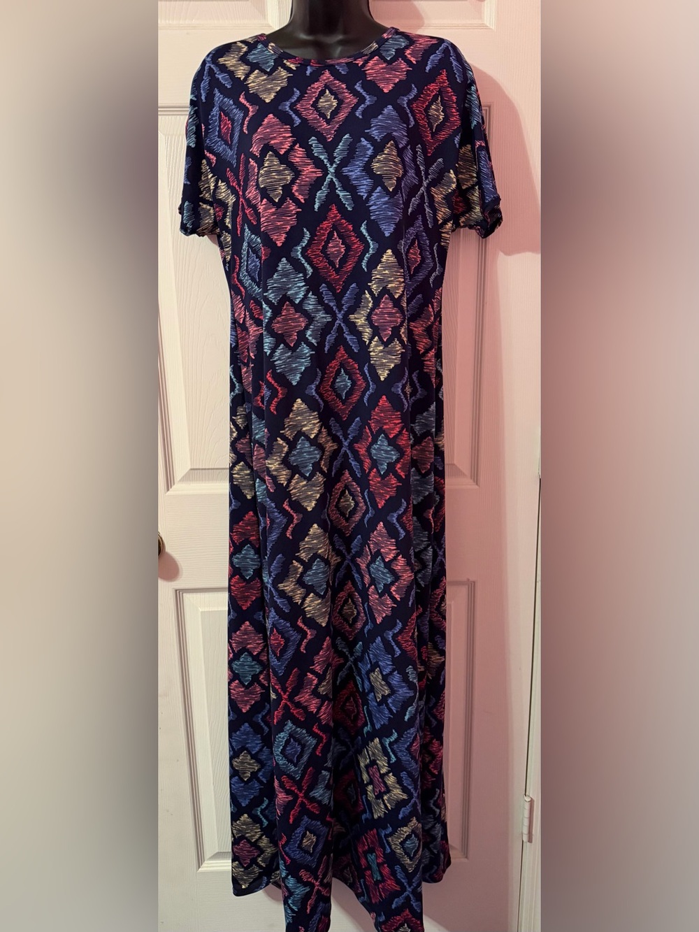 LuLaRoe Navy Maxi Dress with Pink, Blue & Gold Geometric Print